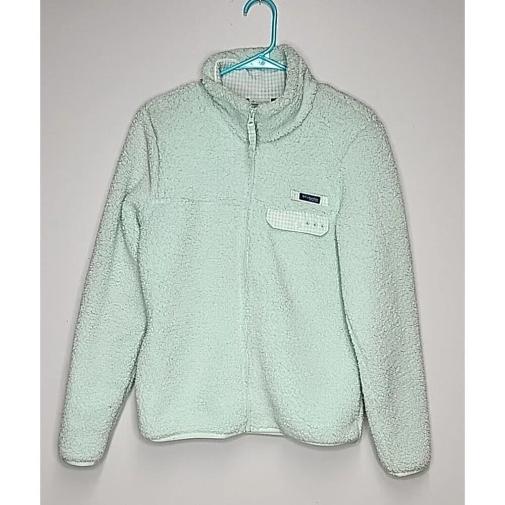Columbia PFG Women's Mint Green Sherpa Gingham Full Zip Puffy Jacket Size S EUC